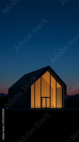 Modern Minimalist Chapel Glowing at Twilight, Serene Landscape