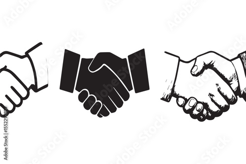 Set of handshake illustrations in black and white, symbolizing trust, cooperation, and mutual agreement, perfect for business concepts, graphics icon set