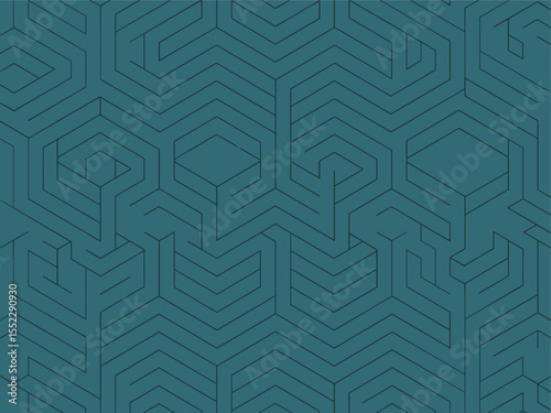 Abstract geometric pattern with interconnected lines and hexagons on a teal background