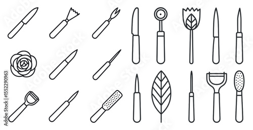 Collection of kitchen utensils including knives, spoons, and scissors. The utensils are arranged in a line and appear to be drawn in a stylized way