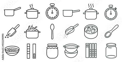 Set of cooking utensils and ingredients are shown in a line drawing. The utensils include spoons, bowls, and a knife, while the ingredients include a bowl of fruit, a jar, and a book