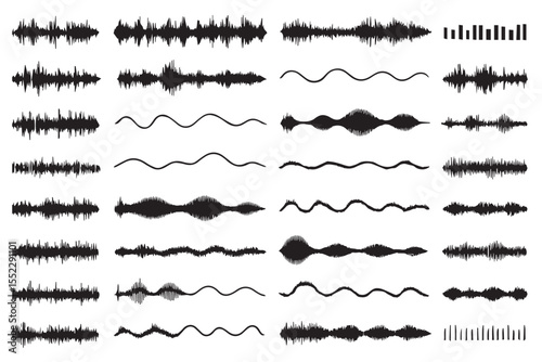 Set of various sound waves, audio waveforms, and frequency patterns, ideal for music, sound, and audio related designs, graphics icon set