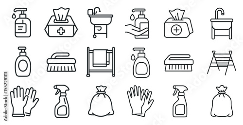 Set of cleaning supplies and bathroom items. The items include a bottle of hand soap, a bottle of dish soap, a bottle of laundry detergent, a bottle of fabric softener