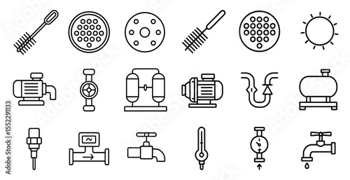 Collection of black and white icons for plumbing and electrical equipment. The icons include a wrench, a brush, a pipe, a faucet, and a light switch