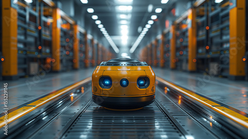Autonomous robot navigating smart warehouse aisle. Yellow logistics bot in high-tech automated facility. Ideal for AI, robotics, and industrial automation themes.