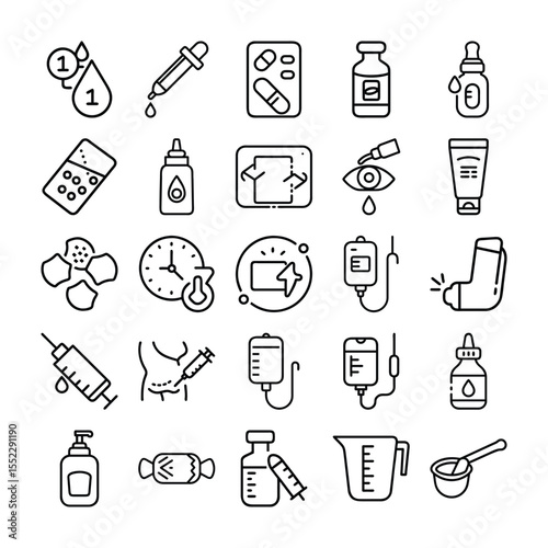 Line Art Icons Representing Various Medical Treatments and Healthcare Related Items