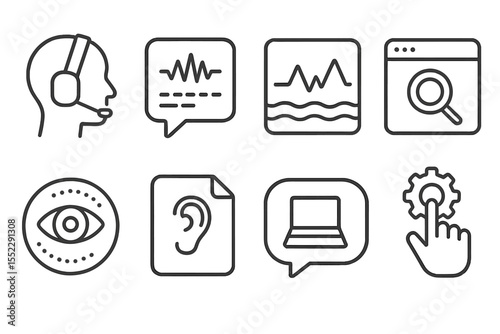 Digital Inclusion Icons. Line style icons of digital inclusion: assistive technology icon, speech-to-text tag, haptic feedback