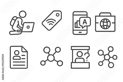 Digital Inclusion Icons. Line style icons of digital inclusion: refugee digital access icon, mobile connectivity tag, language app
