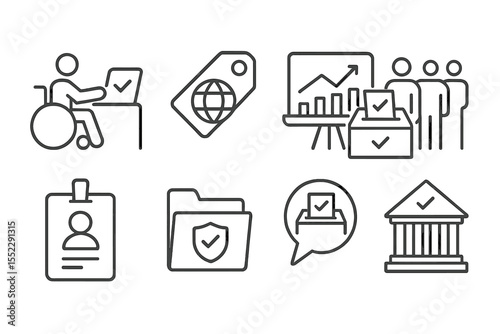 Digital Voting Icons. Line style icons of digital inclusion: inclusive e-voting icon, civic tech tag, ballot access chart, voter