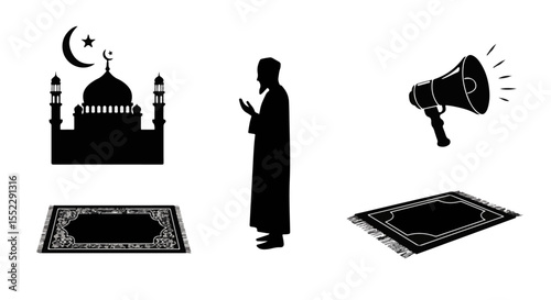 Elegant depiction of Islamic prayer and worship, showcasing symbolic elements of mosque, prayer mat, call to prayer and faith.
