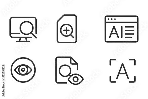 Digital Accessibility Icons. Line style icons of digital inclusion: screen magnifier icon, zoom function tag, contrast control