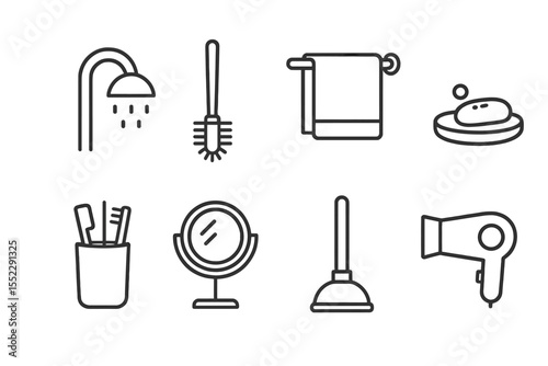 Bathroom Icons Collection. Line style icons of bathroom items: shower head, toilet brush, towel, soap dish. toothbrush holder,