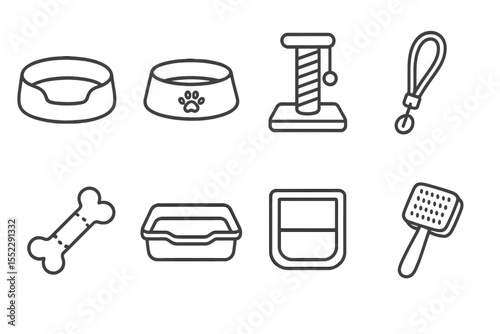 Pet Essentials Icons. Line style icons of pet items at home: pet bed, feeding bowl, scratching post, leash. chew toy, litter box,