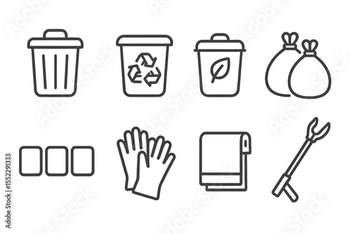 Home Waste Management Icons. Line style icons of waste management at home: trash can, recycle bin, compost bin, garbage bags.
