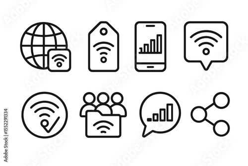 Digital Inclusion Icons. Line style icons of digital inclusion: internet access icon, rural signal tag, mobile hotspot chart,