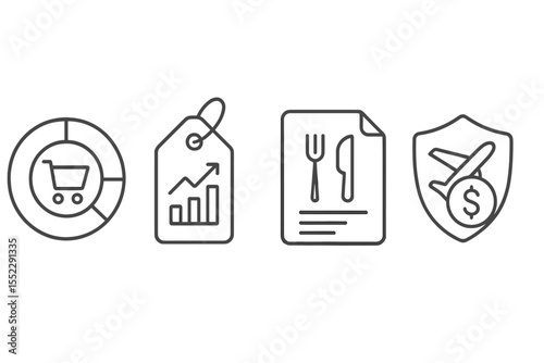 Mobile Banking Icons. Line style icons of mobile banking solutions: spending category icon, shopping tag chart, dining file panel,