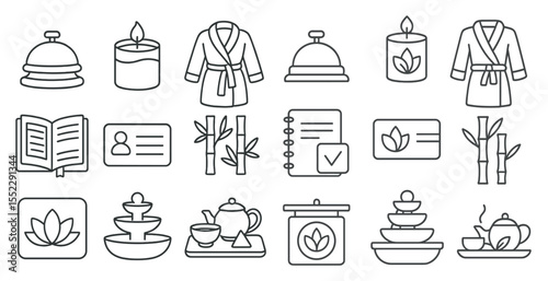 Collection of various items related to relaxation and spa experiences. The items include a book, a candle, a robe, a cup, a bowl, a tray, a teapot, a vase, a clock, a menu