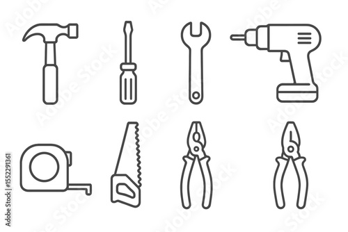 DIY Tools Icons. Line style icons of DIY tools at home: hammer, screwdriver, wrench, drill. tape measure, saw, pliers, utility