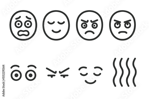 Mental States Icons. Line style icons of mental states: anxious face, relaxed face, stressed face, focused face. surprised eyes,