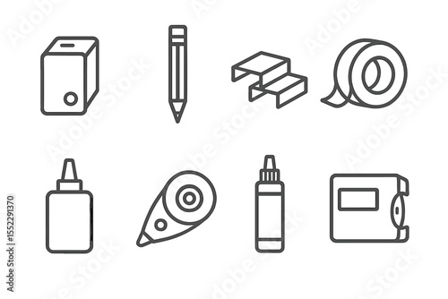 Refill Supplies Icons. Line style icons of refill supplies: ink cartridge, pencil lead refill, stapler refills, tape roll. glue