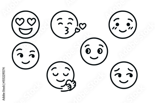 Love Icons Collection. Line style icons of love-related expressions: heart eyes, kissing face, shy smile, flirty face. hugging