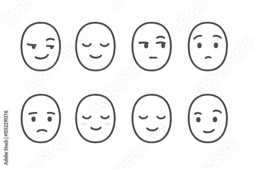 Subtle Expression Icons. Line style icons of subtle expressions: smirk, micro-smile, side glance, eyebrow raise. subtle frown,