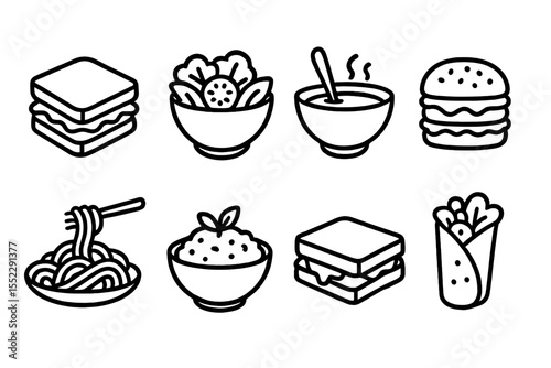 Lunch Meal Icons. Line style icons of lunch meals: sandwich, salad bowl, soup bowl, burger. pasta plate, rice dish, grilled cheese