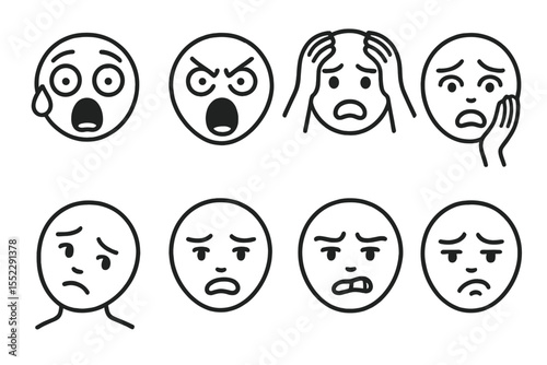 Dramatic Expression Icons. Line style icons of dramatic expressions: wide eyes, gaping mouth, sharp eyebrows, sweating face.