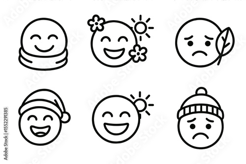 Seasonal Emotion Icons. Line style icons of seasonal emotions: cozy winter smile, spring cheer, summer joy, autumn melancholy.