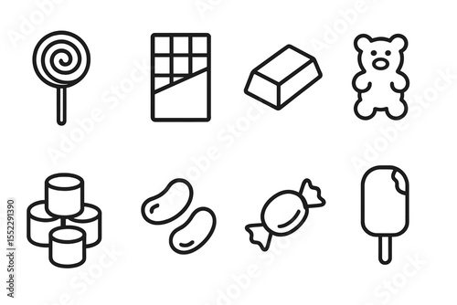 Sweet Treat Icons. Line style icons of sweets and treats: lollipop, candy bar, chocolate piece, gummy bears. marshmallows, jelly
