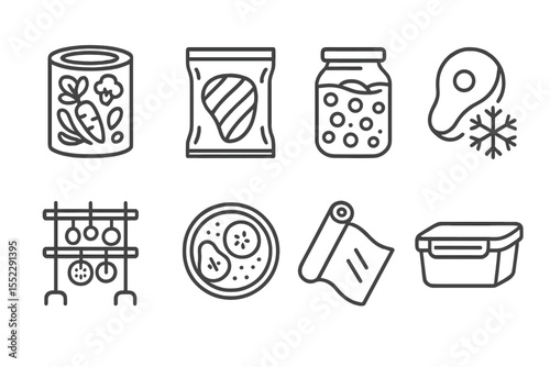 Food Preservation Icons. Line style icons of food preservation: canned vegetables, vacuum pack, sealed jar, frozen meat. drying