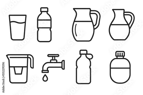 Water Container Icons. Line style icons of water containers: glass of water, water bottle, pitcher, jug. filtered water, tap with