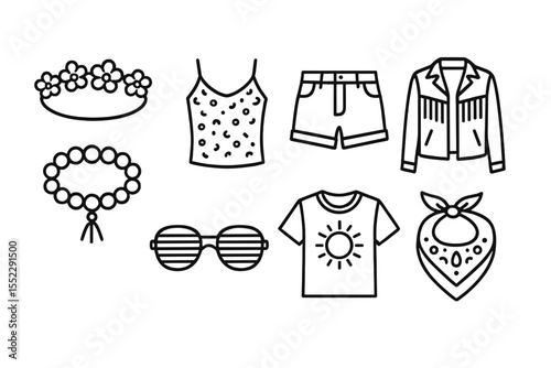 Festival Fashion Icons. Line style icons of festival outfits: flower crown, sequin top, denim shorts, fringe jacket. beaded