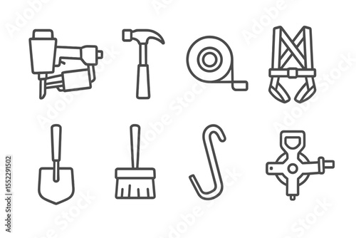 Roof Repair Tools Icons. Line style icons of roof repair tools: roofing nailer, roofing hammer, roofing tape, safety harness.