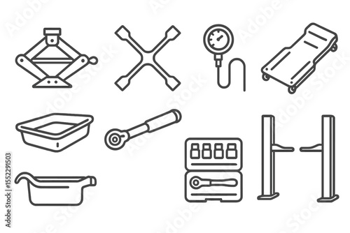 Auto Repair Icons. Line style icons of auto repair tools: car jack, lug wrench, tire pressure gauge, creeper. oil pan, torque
