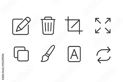 Editing Tools Icons. Line style icons of editing tools: edit pencil, delete trash, crop tool, resize arrows. duplicate icon,