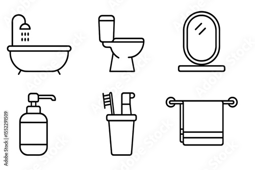 Bathroom Essentials Icons. Line style icons of bathroom essentials: bathtub, toilet, sink, mirror. shower head, towel rack, soap