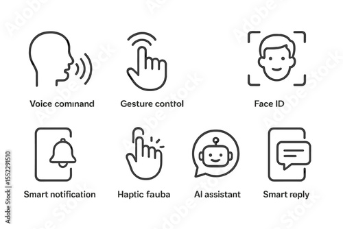 Smart Interface Icons. Line style icons of smart interface: voice command, gesture control, face ID, fingerprint scan. smart