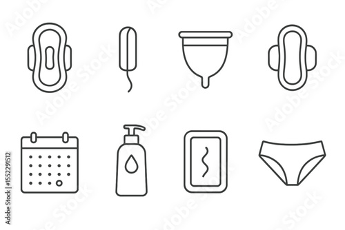 Feminine Care Icons. Line style icons of feminine care: sanitary pad, tampon, menstrual cup, panty liner. period calendar,