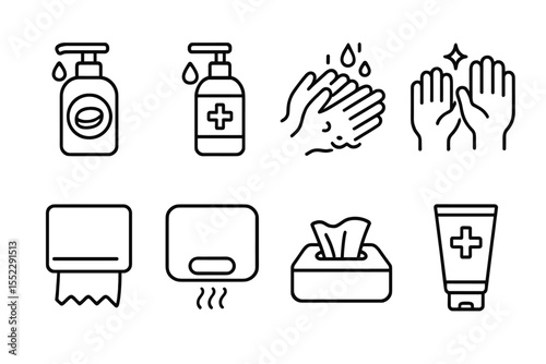 Hand Hygiene Icons. Line style icons of hand hygiene: hand soap, sanitizer bottle, hand washing icon, clean hands. paper towel,