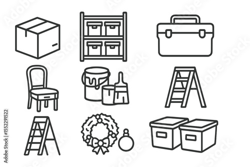 Basement Storage Icons. Line style icons of basement storage: cardboard box, storage rack, toolbox, old furniture. paint cans,