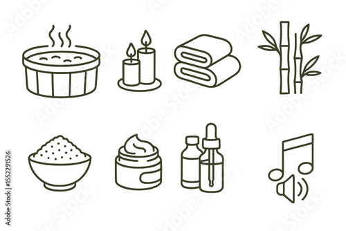 Spa Bathroom Icons. Line style icons of spa bathroom: hot tub, scented candles, towel stack, bamboo decor. bath salts, body scrub,