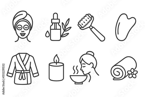 Spa Routine Icons. Line style icons of spa routine: face mask, aroma oil, massage roller, jade stone. bathrobe, scented candle,