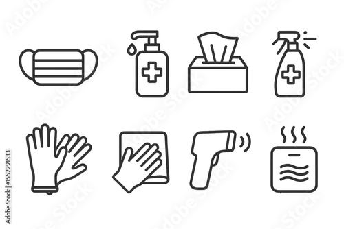 Health Hygiene Icons. Line style icons of health hygiene: face mask, hand sanitizer, tissue box, disinfectant spray. gloves,