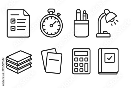 Exam Prep Icons. Line style icons of exam preparation: test paper, timer, pencil case, studying lamp. notebook stack, flashcards,