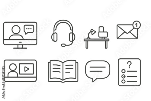 Remote Learning Icons. Line style icons of remote learning: video call screen, headphones, study desk, email notification. shared