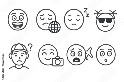Travel Emotion Icons. Line style icons of travel emotions: excitement face, culture shock, tired face, relaxed mood. confused