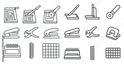 Set of office supplies including a stapler, hole punch, and scissors. The image is a collection of various office supplies, each with a different function
