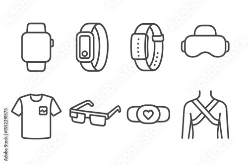 Wearable Tech Icons. Line style icons of wearable tech: smart watch, smart band, fitness bracelet, VR headset. smart clothing, AR