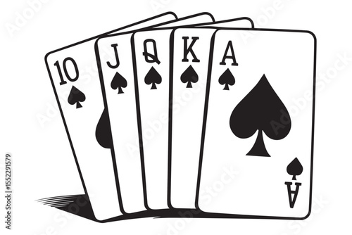 Set of spade cards 10, J, Q, K, A showing a winning hand in poker or card games, black and white outline graphics icon set